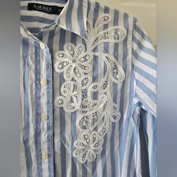 Lauren Blue and White Striped Shirt with Lace Detail Size MP - Picture 5 of 16